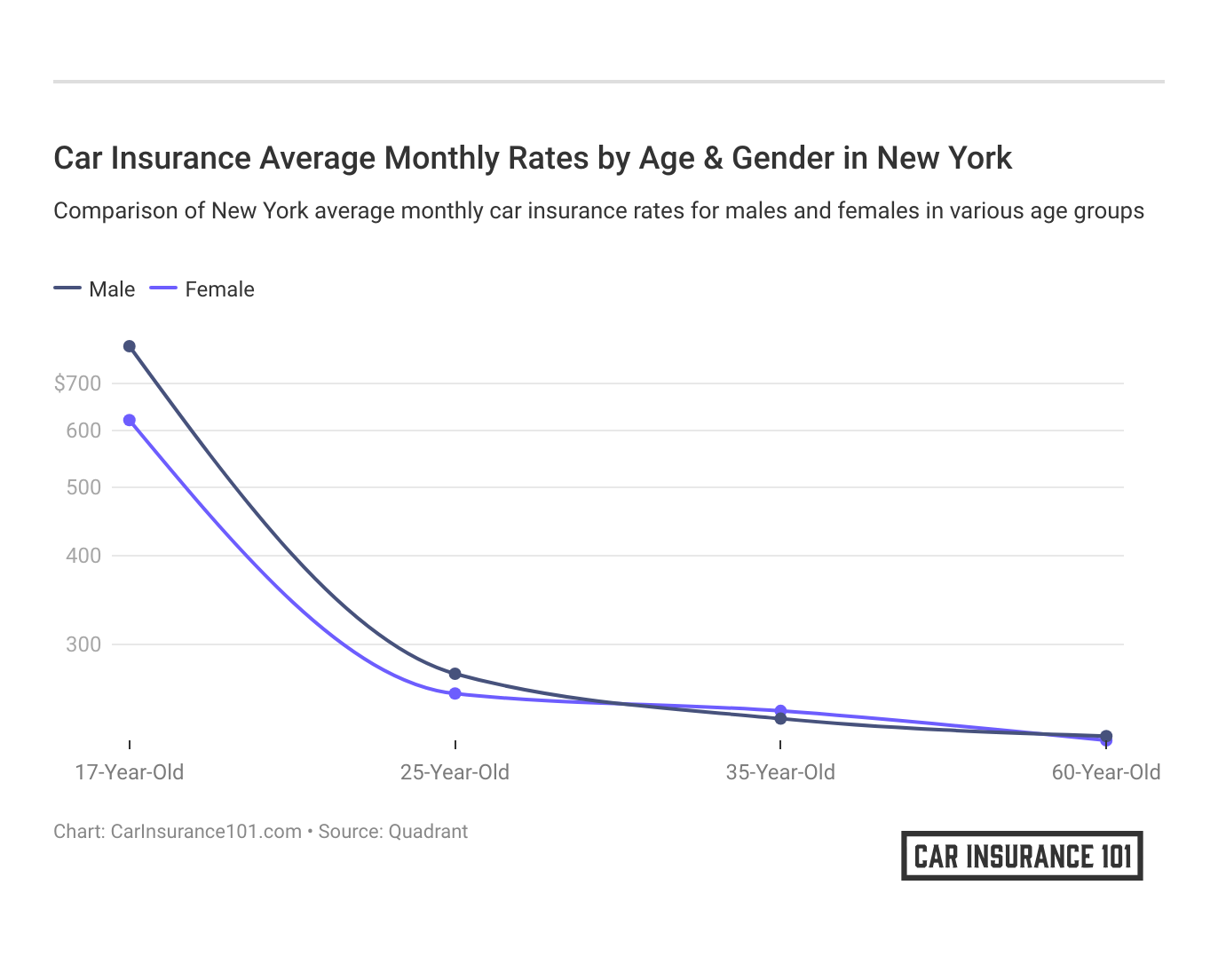 <h3>Car Insurance Average Monthly Rates by Age & Gender in New York</h3>
