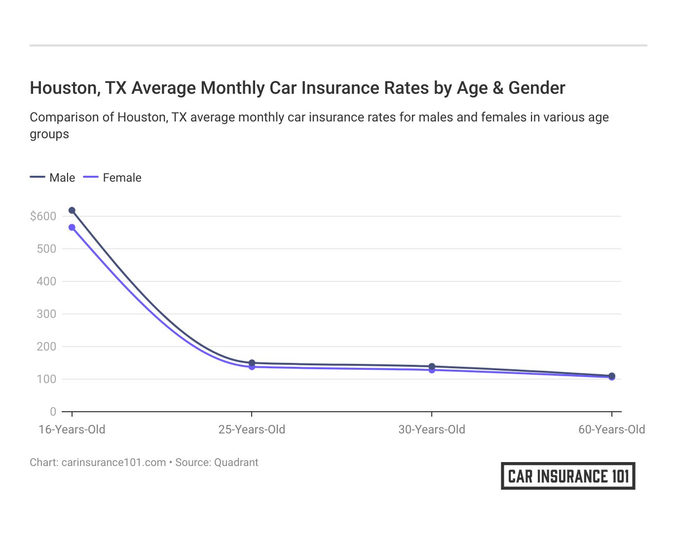 <h3>Houston, TX Average Monthly Car Insurance Rates by Age & Gender</h3>