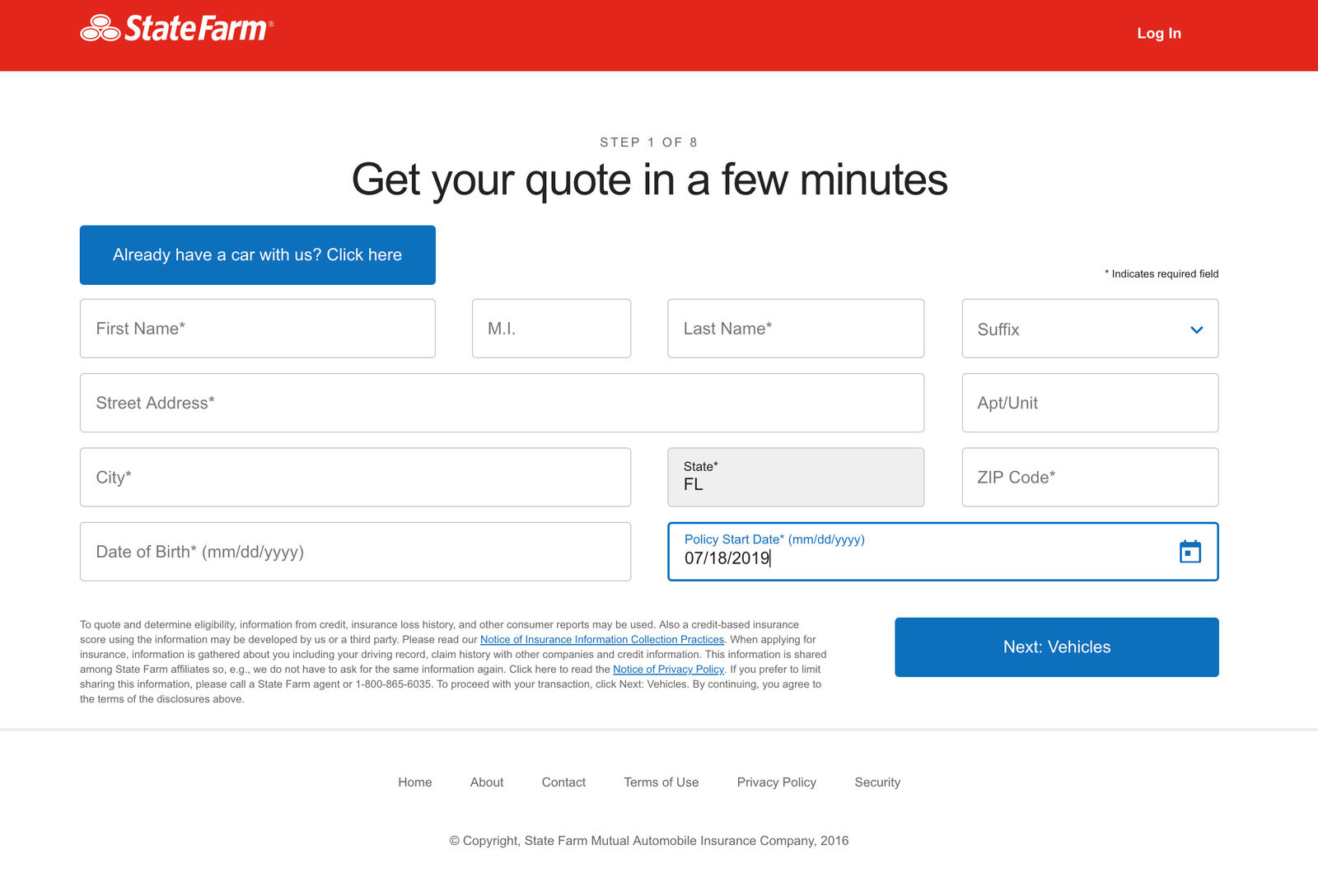 State Farm Quotes personal info